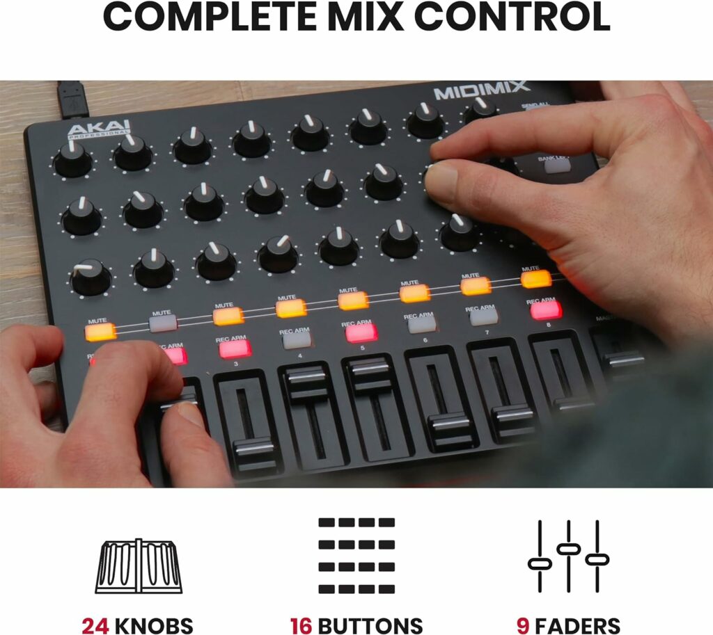 AKAI MIDImix profissional – Mixer controlador MIDI USB com Faders atribuíveis e Master Fader, 24 botões e 16 botões, mapeamento 1 a 1 com Ableton Live